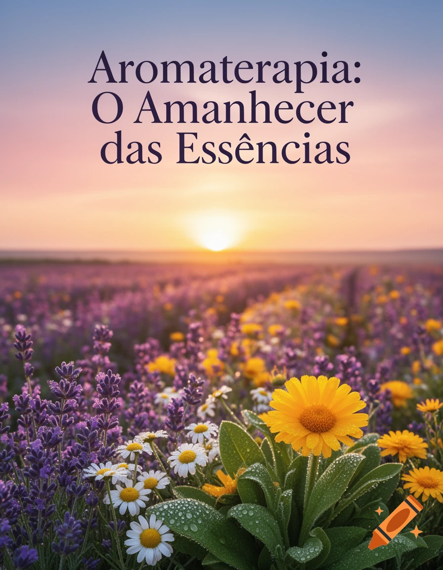 A vibrant field of purple lavender, white daisies, and yellow flowers at sunrise, with a book title 'Aromaterapia: O Amanhecer das Essências' in the sky.