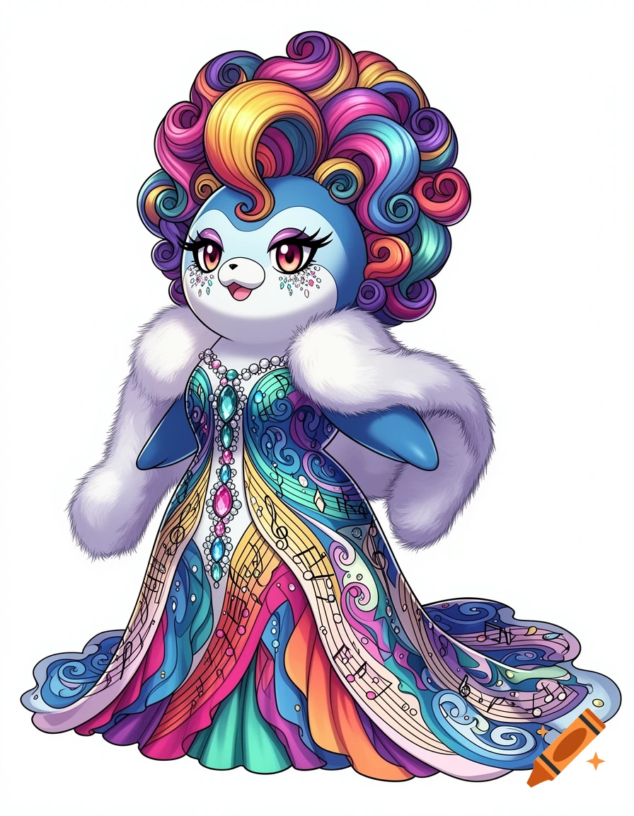 Anime illustration of an anthropomorphic blue Spheal drag queen in an extravagant, rainbow-colored gown with musical notes, gemstones, and a fur collar.