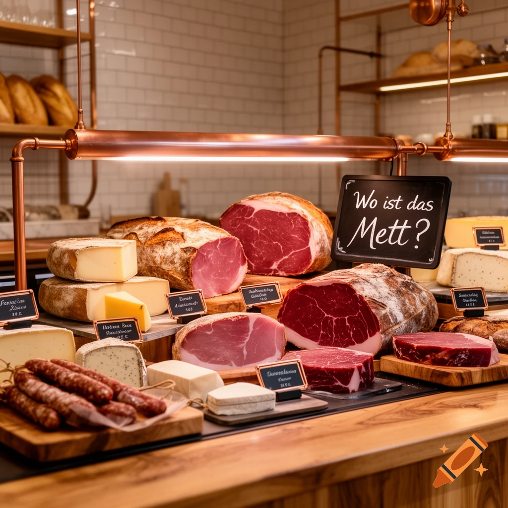 A rustic deli display featuring various cuts of meat, cheeses, sausages, and bread, with a sign asking 'Wo ist das Mett?'
