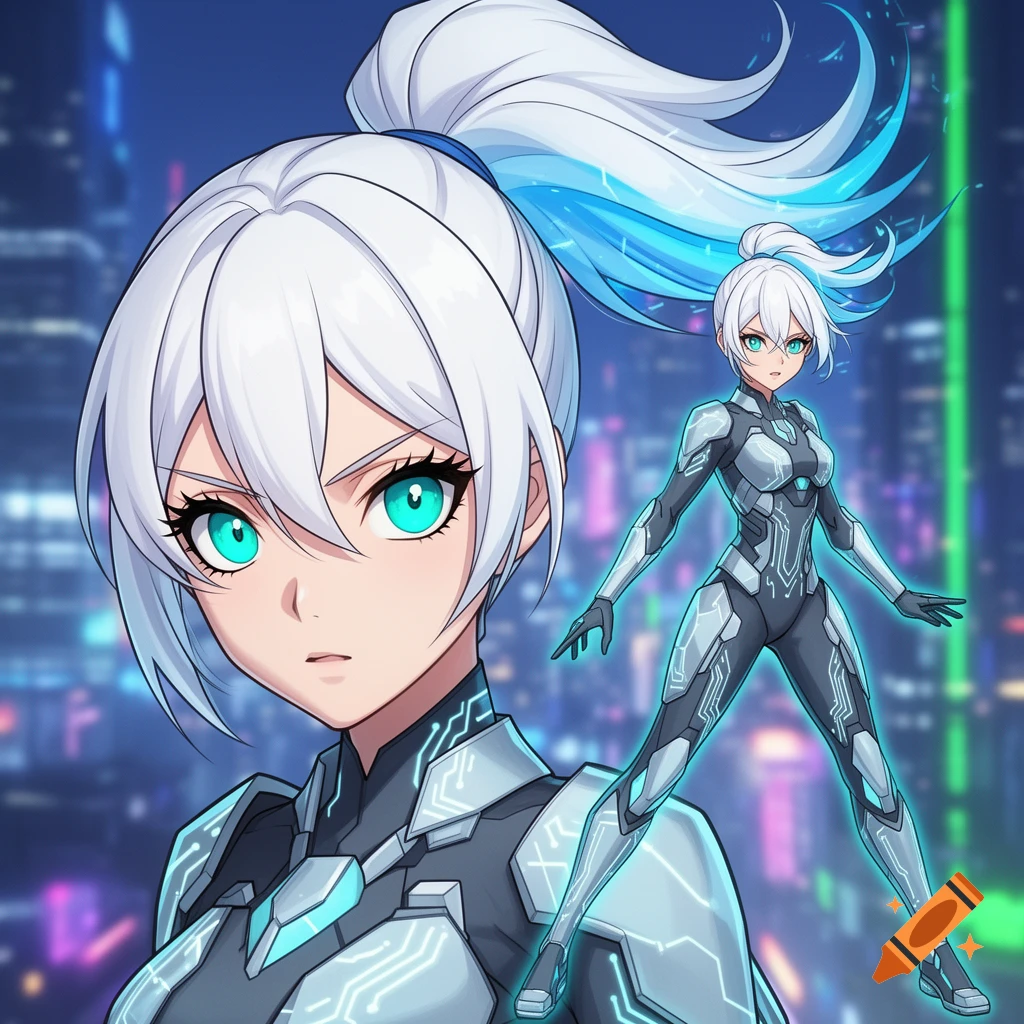 Anime character with white hair and teal eyes in a futuristic grey and blue suit, against a cyberpunk city background. Shows headshot and full body.