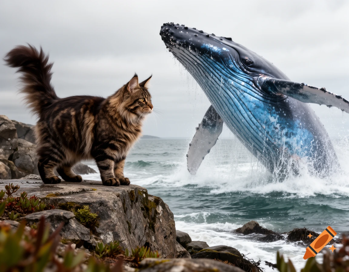 A majestic Maine Coon cat stands on rocky shore, looking out at a large blue humpback whale breaching from the ocean.