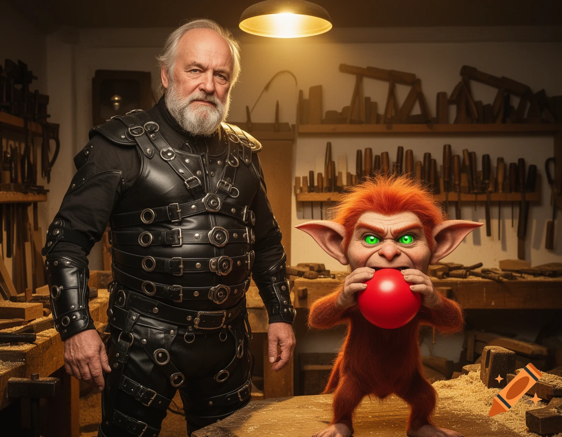 A man in a black leather outfit stands next to a small, furry, orange creature with green eyes holding a red ball in a rustic workshop.