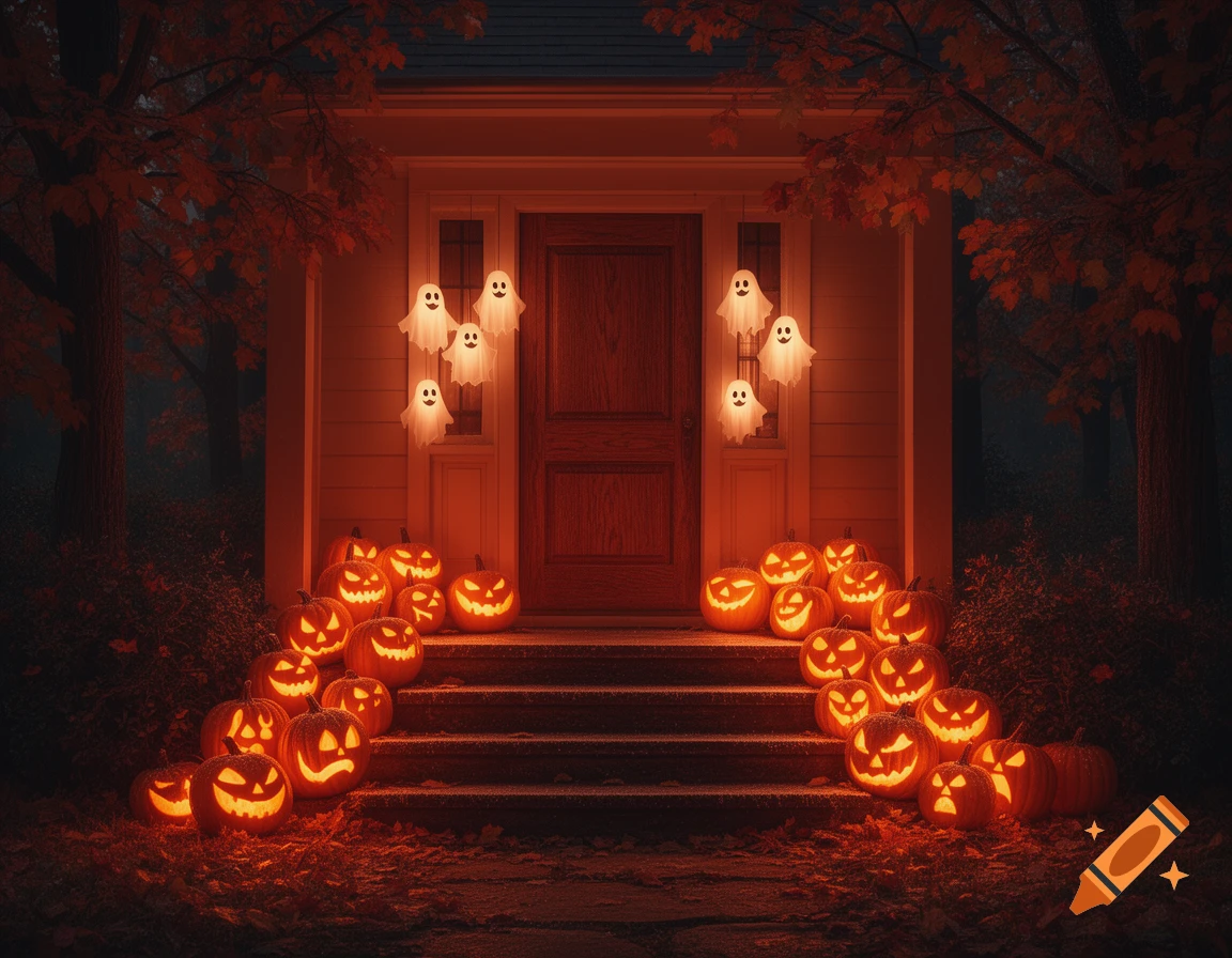 A house entrance at night decorated for Halloween with many glowing jack-o'-lanterns on the steps and luminous ghost lights hanging by the door.