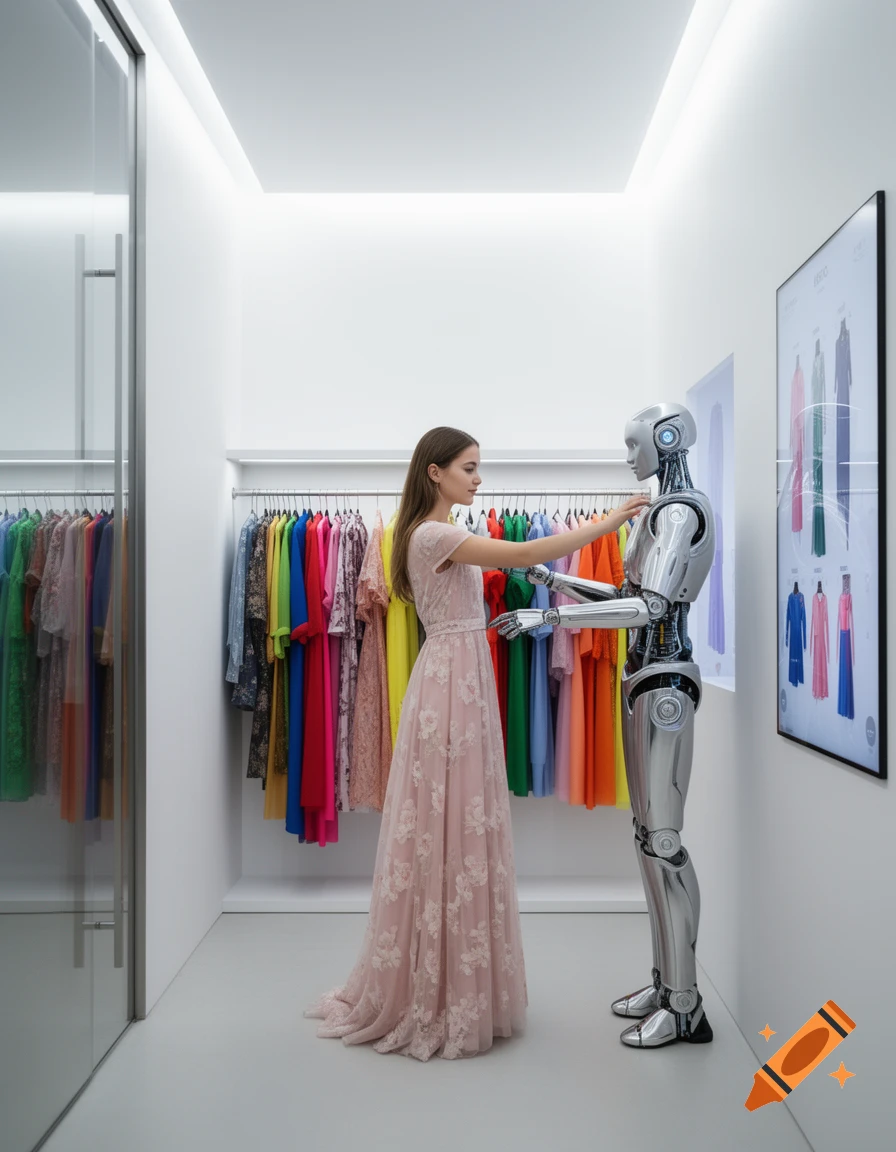 A woman in a long pink dress interacts with a silver robot in a minimalist white changing room with colorful clothes and a digital display.