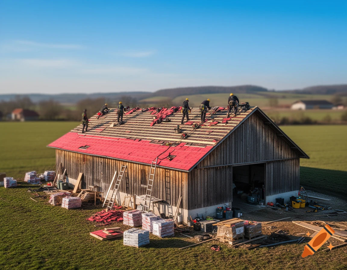 Roofers installing red shingles on a wooden barn in a green field under a clear blue sky.