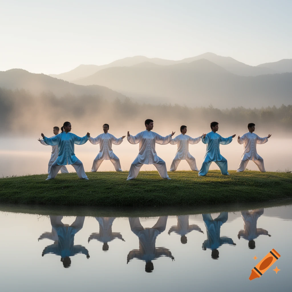 A group of people in traditional attire practicing Taiji on a small grassy island in a misty lake, with mountains in the background and their reflections in the water.