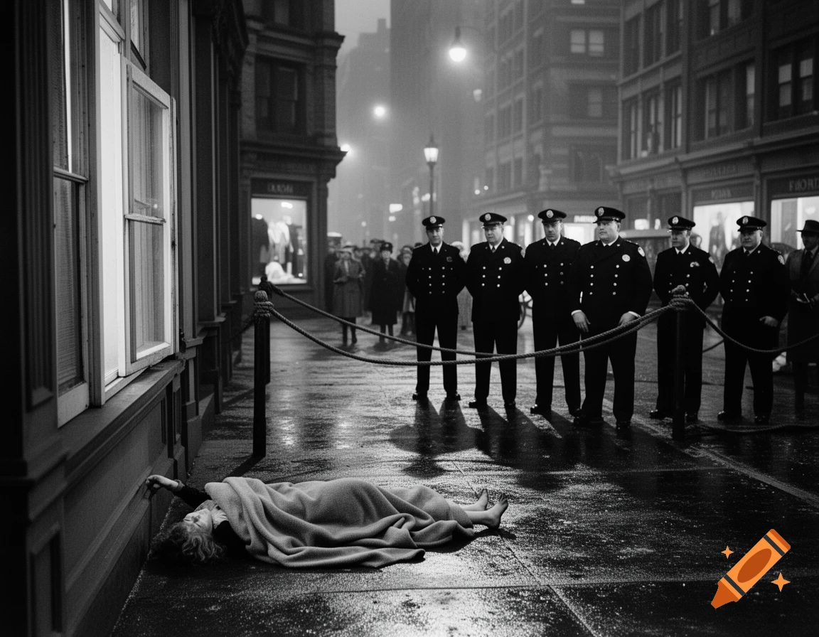 Black and white photo of a 1930s Chicago crime scene with police officers around a body covered by a blanket on a wet street at night.