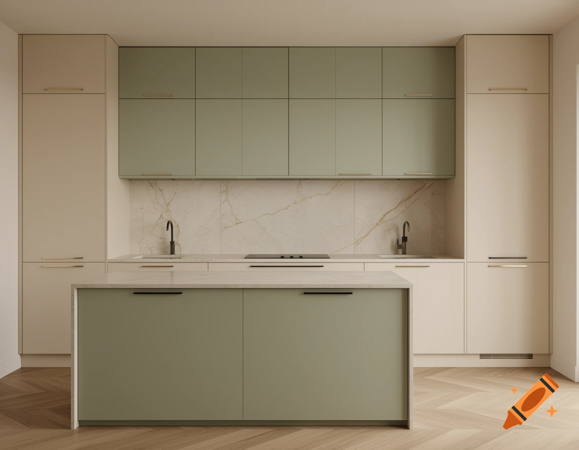A modern kitchen with sage green upper cabinets and island, cashmere side cabinets, marble backsplash, and wood flooring.