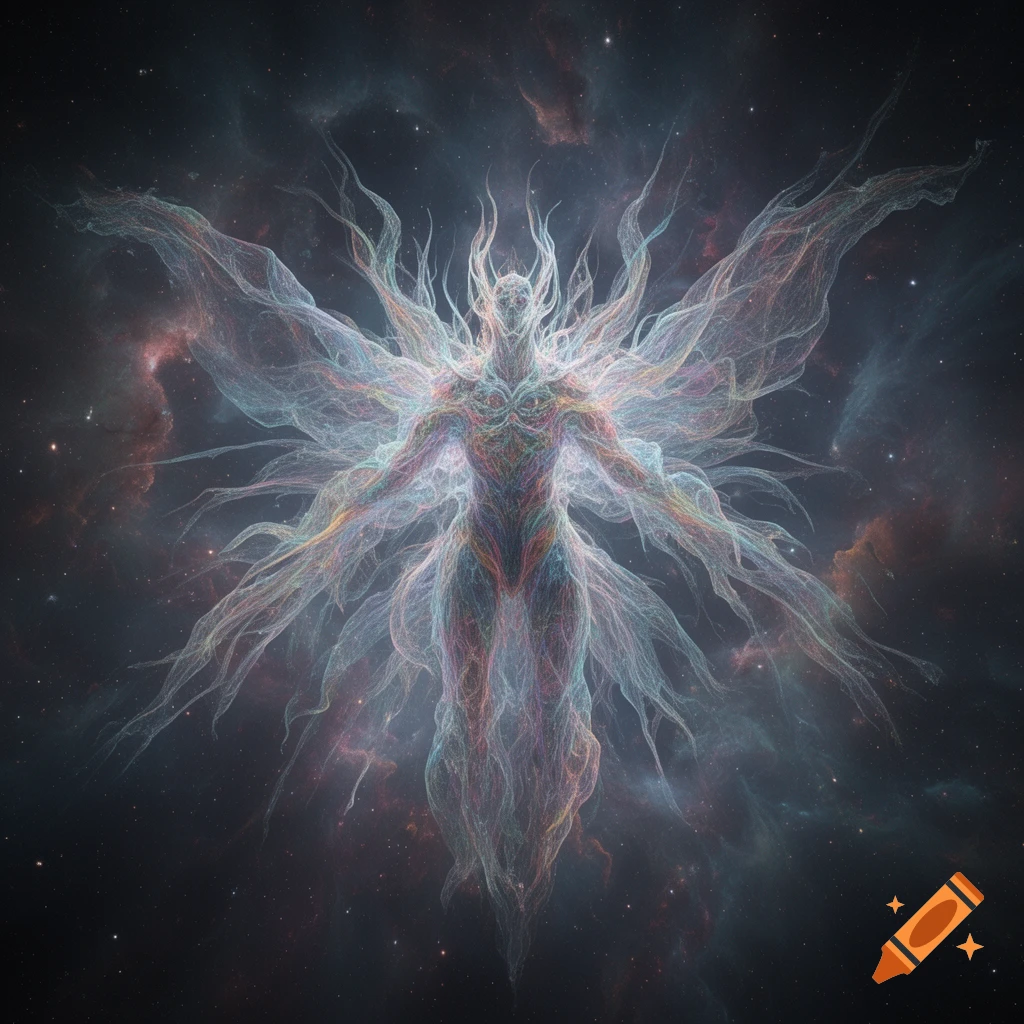 An ethereal, translucent, luminous humanoid figure with many wispy, wing-like appendages floats in a dark starry space with colorful nebulae.