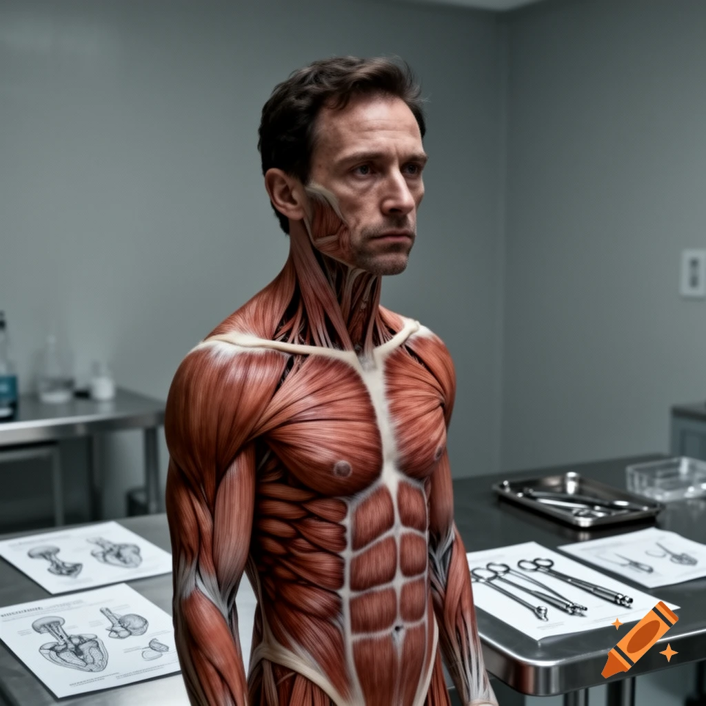 Photorealistic image of a man depicted with exposed muscular anatomy, standing in a sterile medical or laboratory setting with instruments and anatomical diagrams on tables.