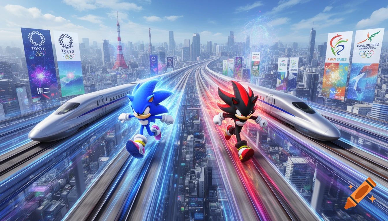 Sonic and Shadow race two bullet trains through a futuristic Tokyo cityscape with Olympic and Asian Games banners, emitting blue and red speed trails.