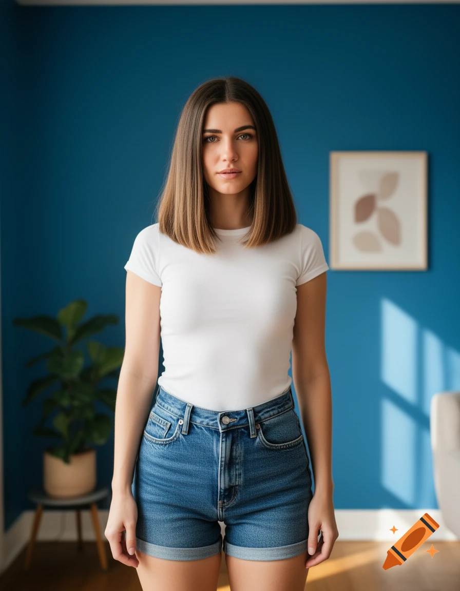 A woman with shoulder-length brown hair, wearing a white t-shirt and jean shorts, stands in a house against a blue wall. Photorealistic.
