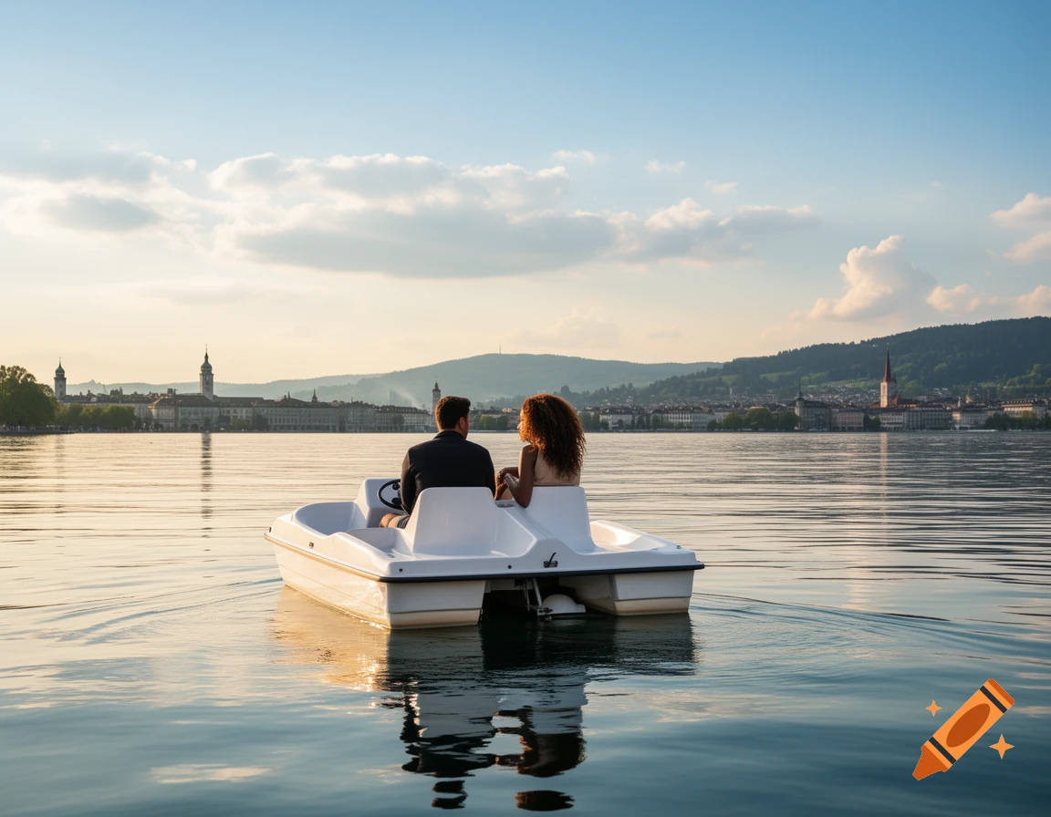 A couple rides a white pedalo on a calm lake, with a city skyline and hills under a beautiful sunset, photorealistic.