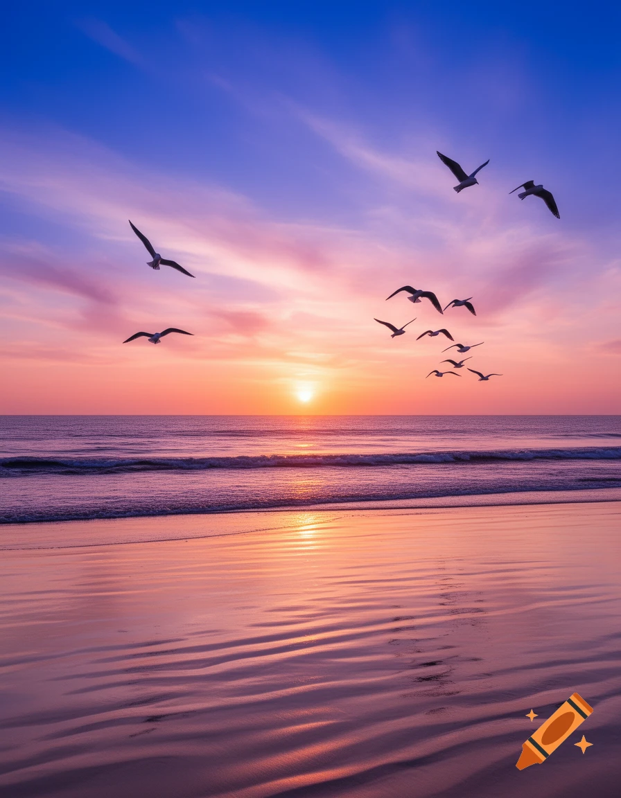 A vibrant sunset over a calm ocean beach with multiple birds silhouetted against the colorful sky.