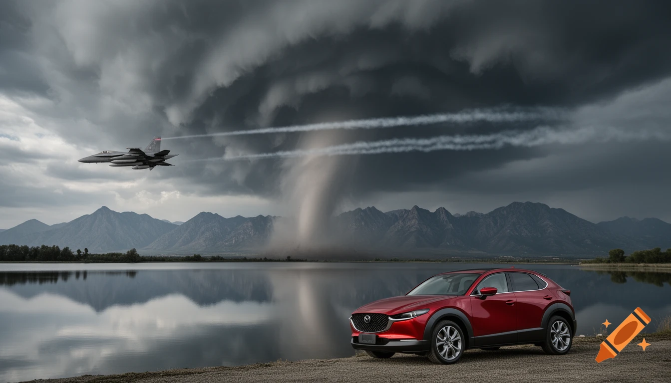 A red Mazda CX-30 is parked by a lake, with mountains and a dark storm sky in the background. A tornado forms over the water, and a fighter jet flies nearby, leaving white contrails.