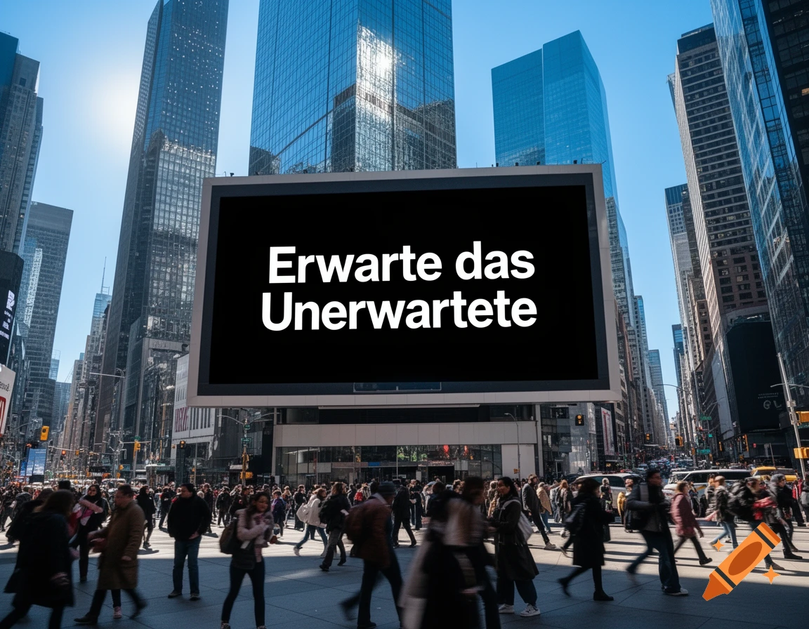 A photorealistic image of a bustling city street with tall skyscrapers and a large billboard displaying "Erwarte das Unerwartete".