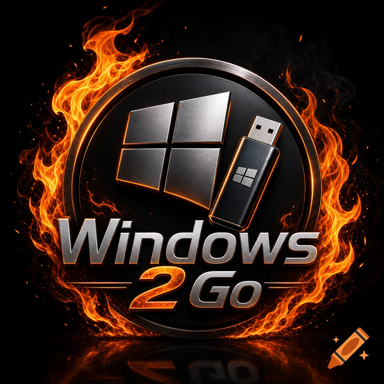 A metallic 'Windows 2 Go' logo engulfed in flames, featuring the Windows symbol and a USB drive.