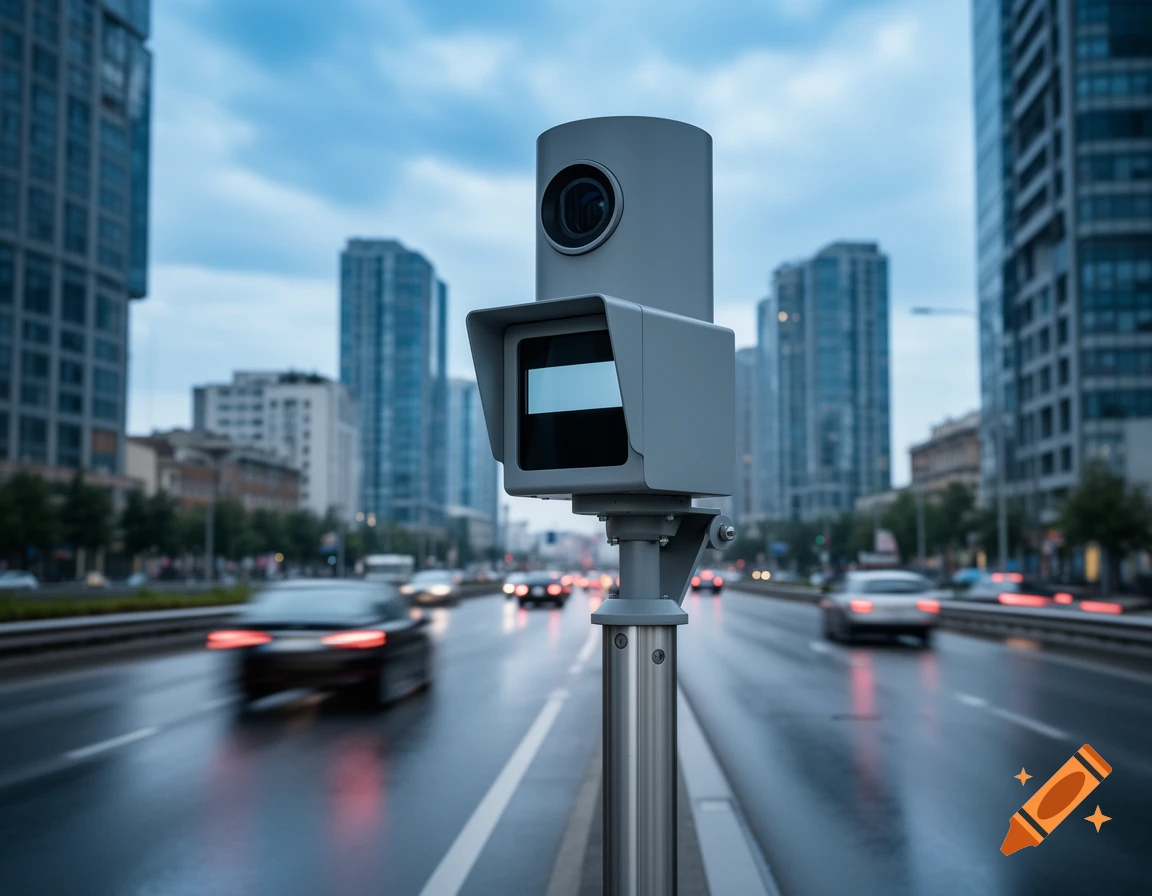 A speed camera on a pole stands on a wet city street, with blurred cars and tall buildings in the background under a cloudy sky.