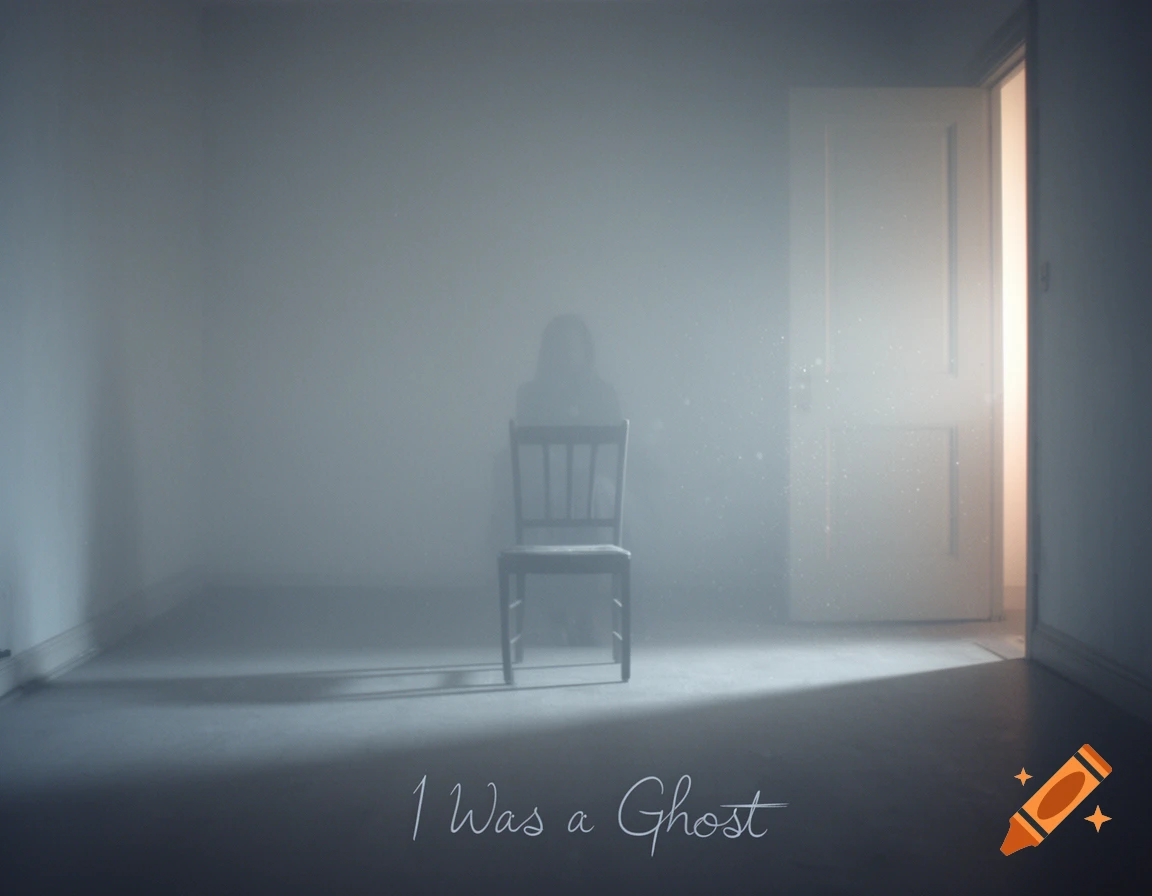 A misty, dark room with a faint ghost-like figure on a chair, light from an open door, and 'I Was a Ghost' text.