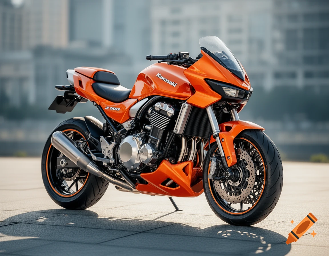 A bright orange Kawasaki Z 1100 motorcycle parked on pavement with a blurred city skyline in the background, photorealistic style.