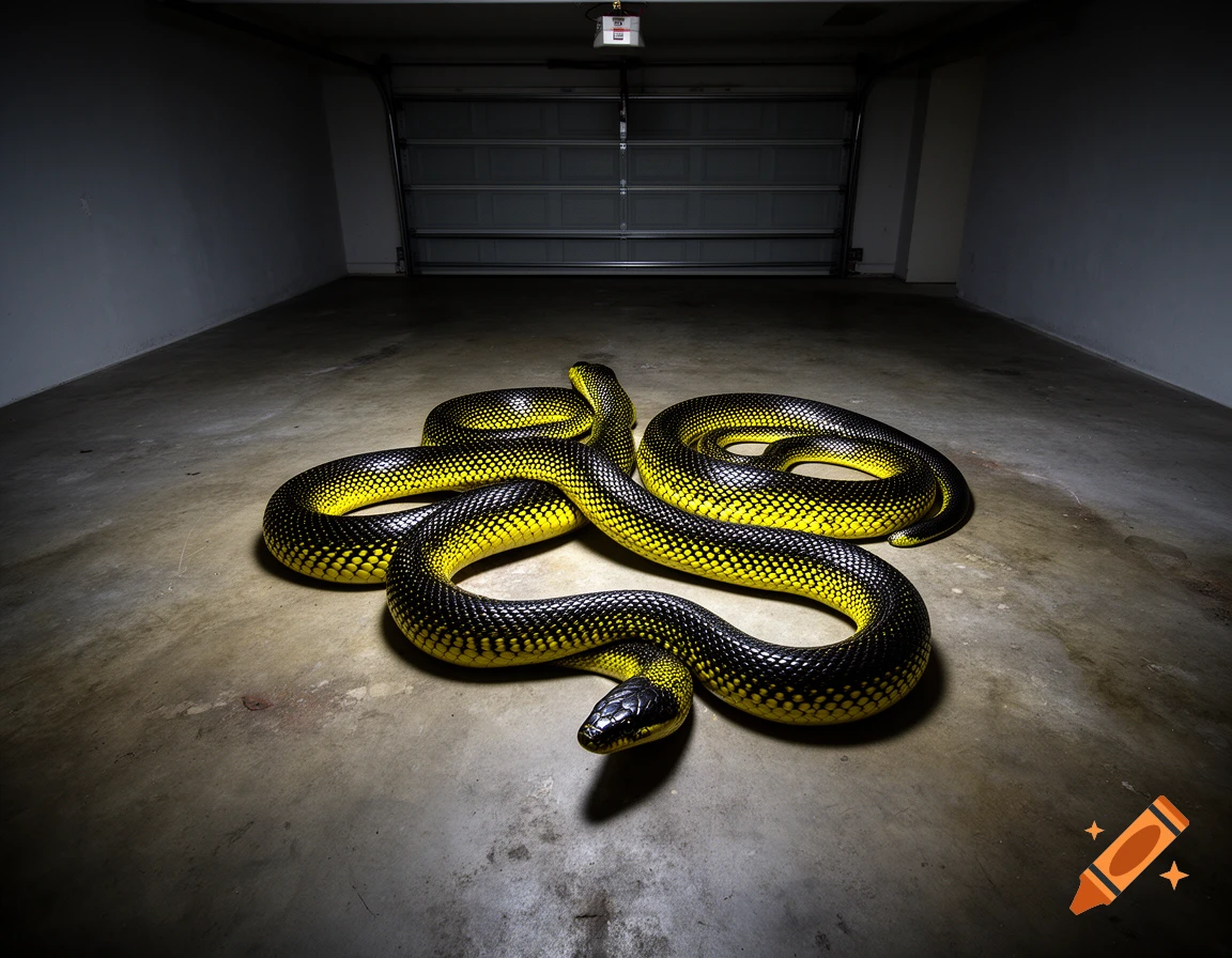 A large black and yellow snake coiled on the concrete floor of a dimly lit garage with a closed garage door in the background.