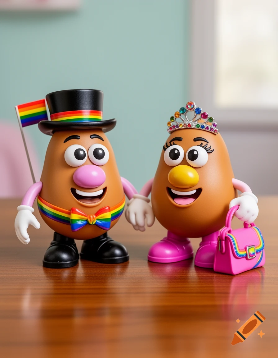Two Mr. Potato Head-like figurines with rainbow pride accessories stand on a wooden table, one with a top hat and flag, the other with a tiara and purse.