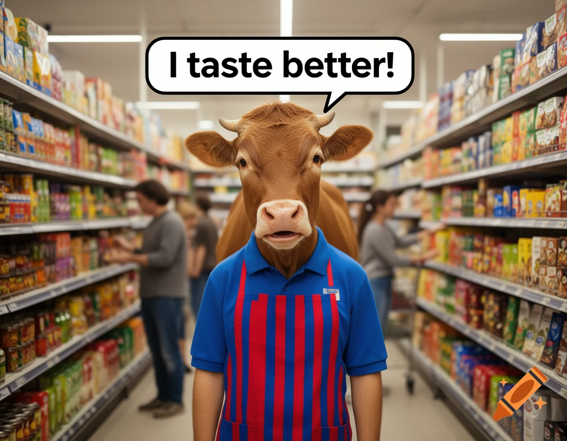 A photorealistic image of a cow's head on a person in a supermarket uniform, saying 'I taste better!' in a speech bubble, standing in a grocery aisle.