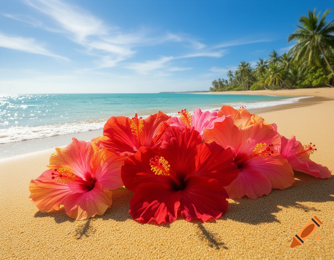 Close-up of vibrant red and pink hibiscus flowers on a sunny sandy beach with turquoise ocean and palm trees.