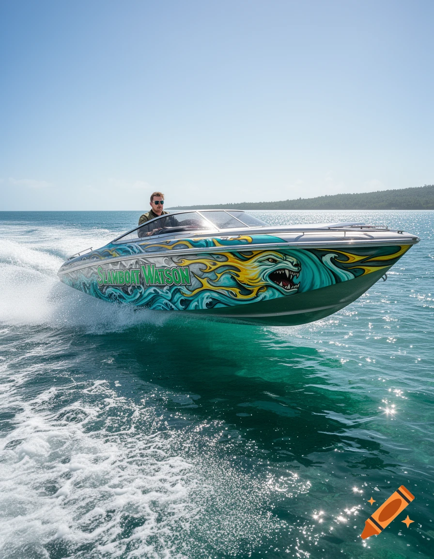A man in sunglasses drives a speedboat with a vibrant teal and yellow monster graphic, cutting through clear blue water on a sunny day.