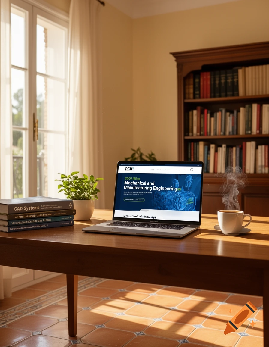 A laptop displays "Mechanical and Manufacturing Engineering" on a sunlit wooden desk with engineering books, a plant, and a steaming coffee cup. A bookshelf is in the background.