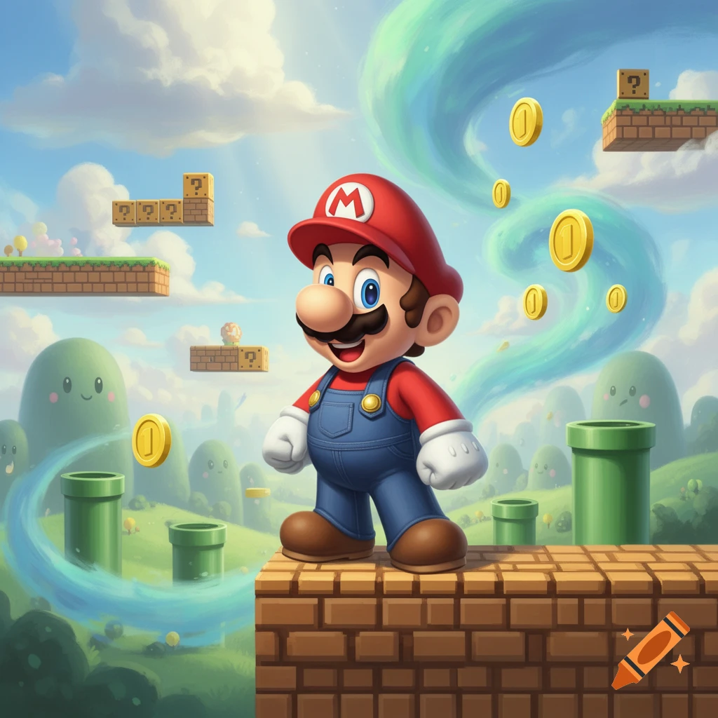 Mario stands on a brick block in a vibrant Super Mario Bros. inspired landscape with question blocks, coins, and green pipes.
