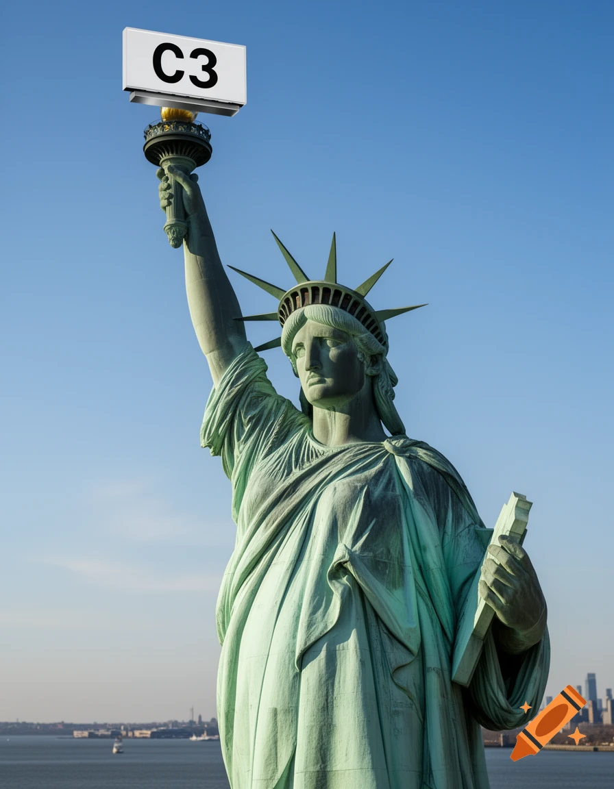 A photorealistic image of the Statue of Liberty holding a white sign with black text 'C3' instead of a torch, against a clear blue sky and distant city skyline.