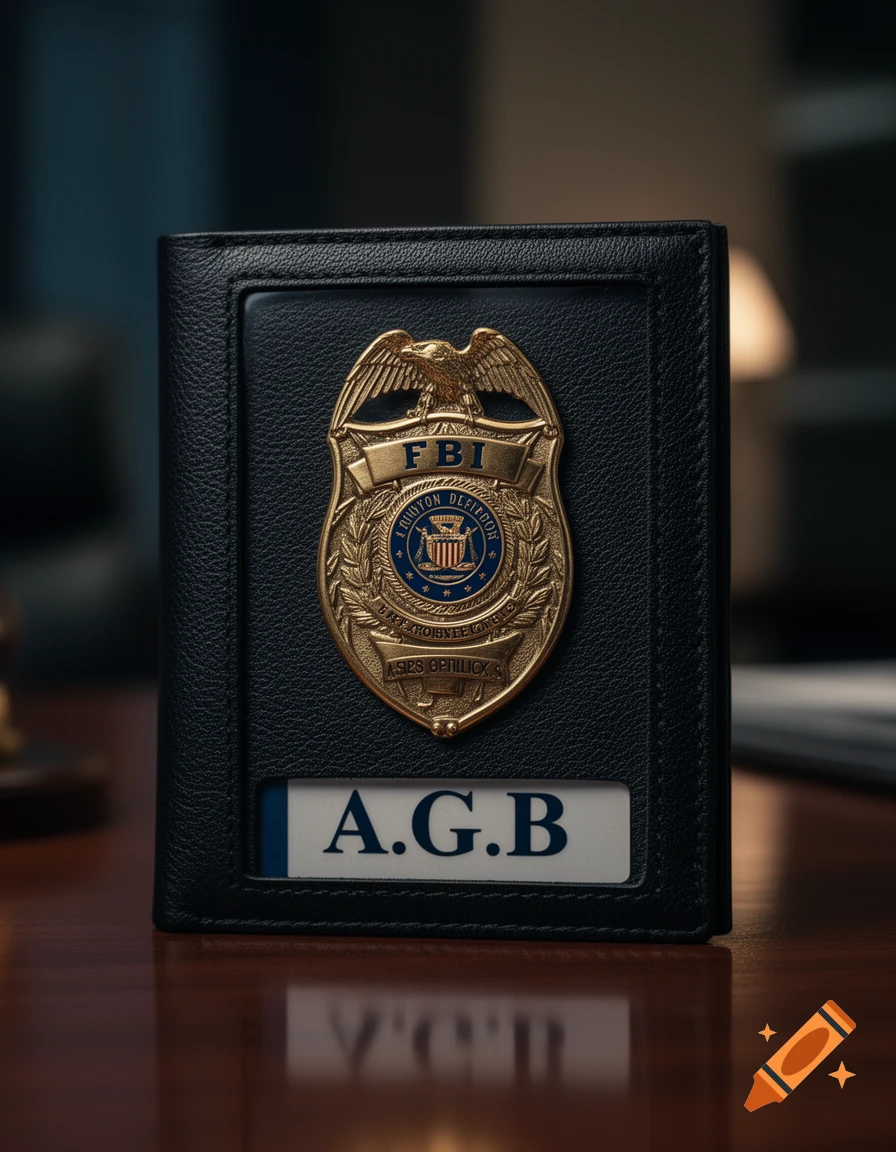 A close-up shot of a black leather wallet holding a gold FBI badge and an ID card displaying 'A.G.B.' on a wooden table.
