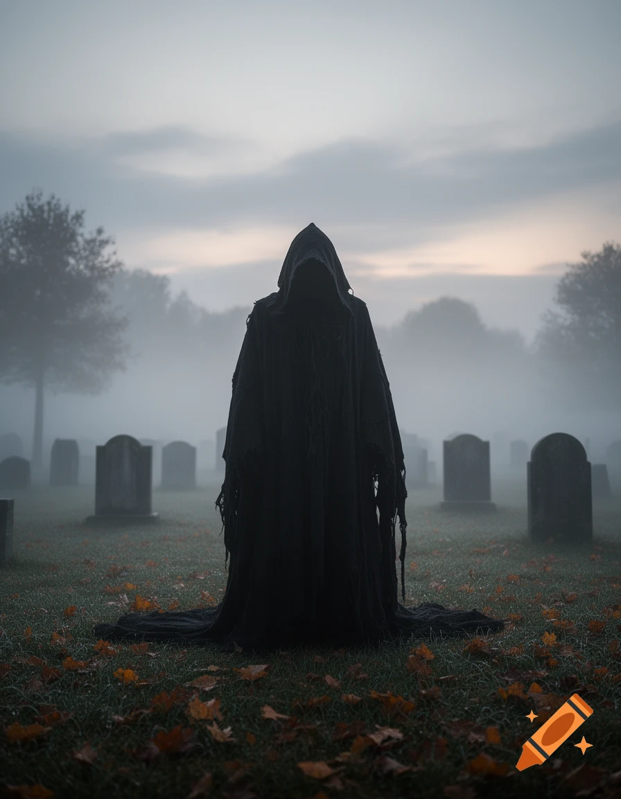 A dark, hooded, cloaked figure stands in a misty graveyard with scattered tombstones and autumn leaves on the ground.