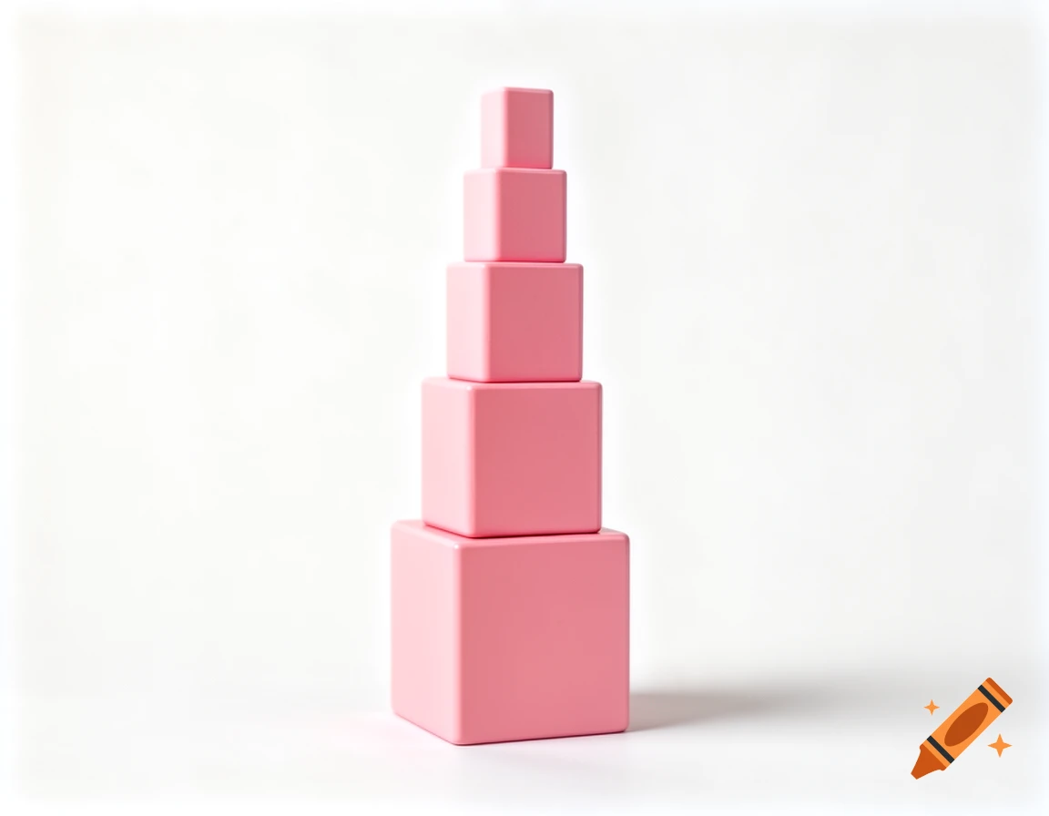 A stack of five pink cubes, progressively smaller, forming a Montessori tower on a white background.