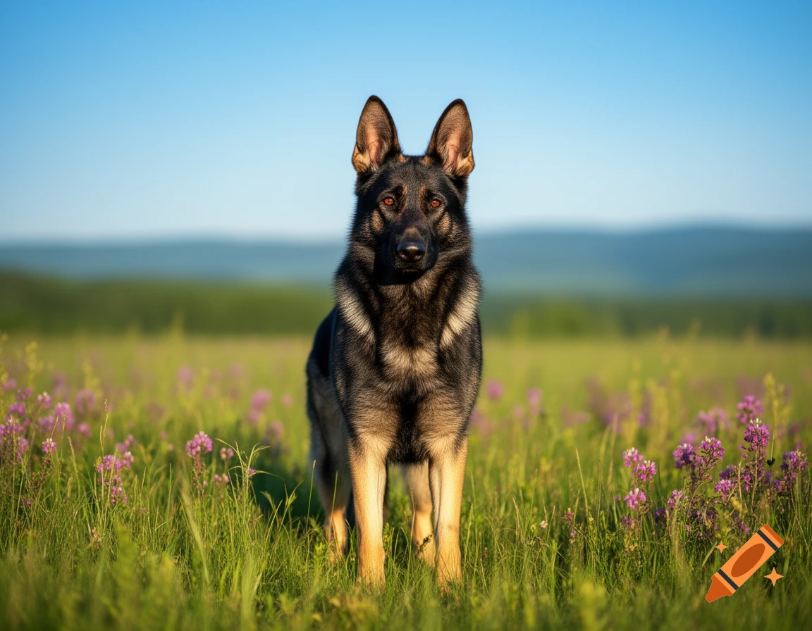 A loyal German Shepherd dog stands in a vibrant green and purple wildflower field under a clear blue sky.