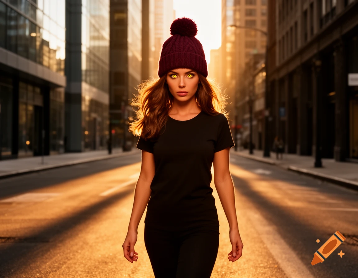 A woman with piercing yellow eyes and a burgundy beanie walks down a golden-lit city street.