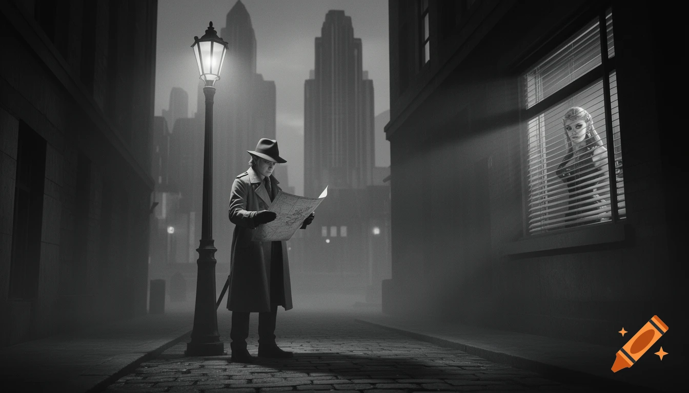 A person in a fedora and trench coat stands under a streetlamp in a dark city street, looking at a map, while a woman watches from a window. Black and white, film noir style.