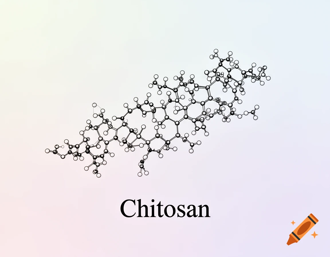 A 3D stick model of the Chitosan molecular structure against a light gradient background, with the word "Chitosan" below it.