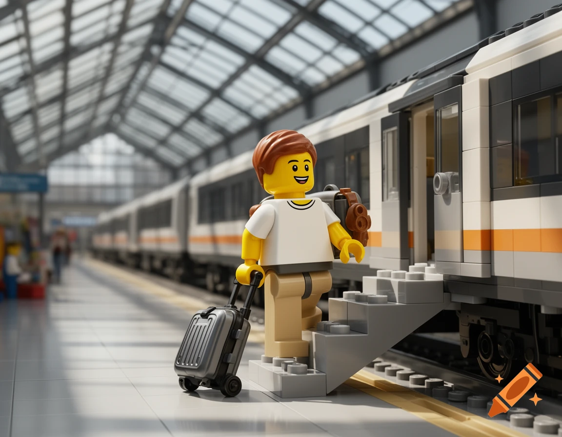 Lego minifigure with a backpack pulling a suitcase, about to board a train at a station.