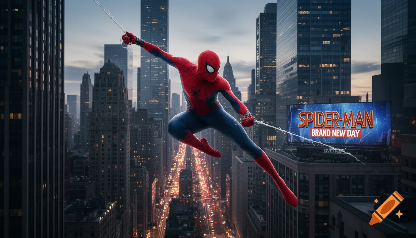 Spider-Man swings through a photorealistic cityscape at dusk, a billboard in the background reads 'SPIDER-MAN BRAND NEW DAY'.