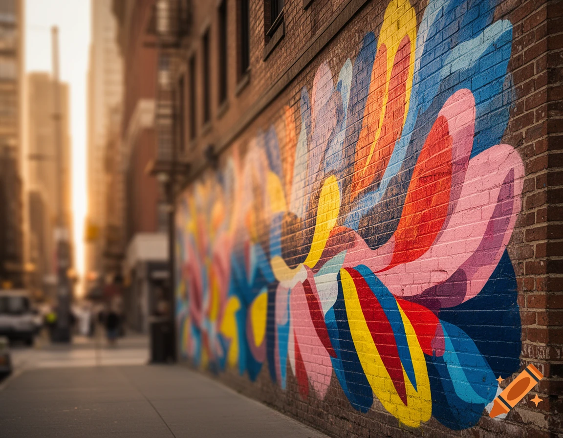 A vibrant abstract mural painted on a brick wall along a city street during sunset with blurred buildings.