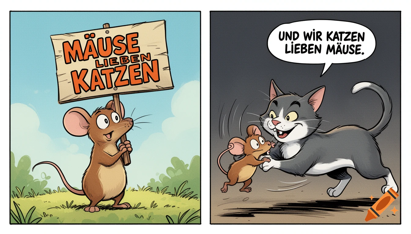 A two-panel comic. In the first panel, a happy mouse holds a sign that reads 'MÄUSE LIEBEN KATZEN' (Mice love Cats). In the second panel, a grinning cat grabs the mouse, with a speech bubble saying 'UND WIR KATZEN LIEBEN MÄUSE.' (And we Cats love Mice.)