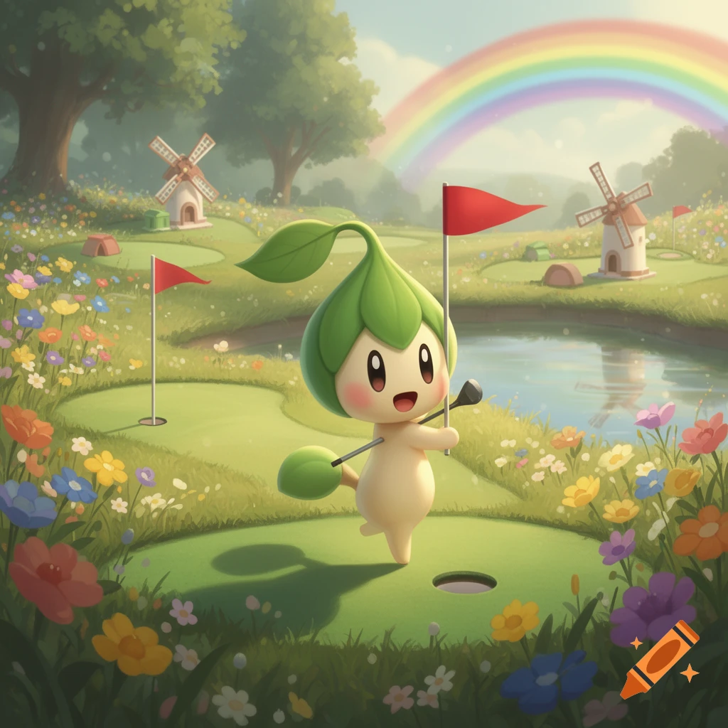 A cute, smiling plant-like creature resembling a Pokemon plays mini golf on a sunny course with a rainbow, pond, and windmills in the background.