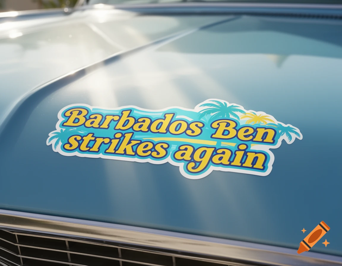 A close-up shot of a tropical-themed bumper sticker on a blue car that reads 'Barbados Ben strikes again'.