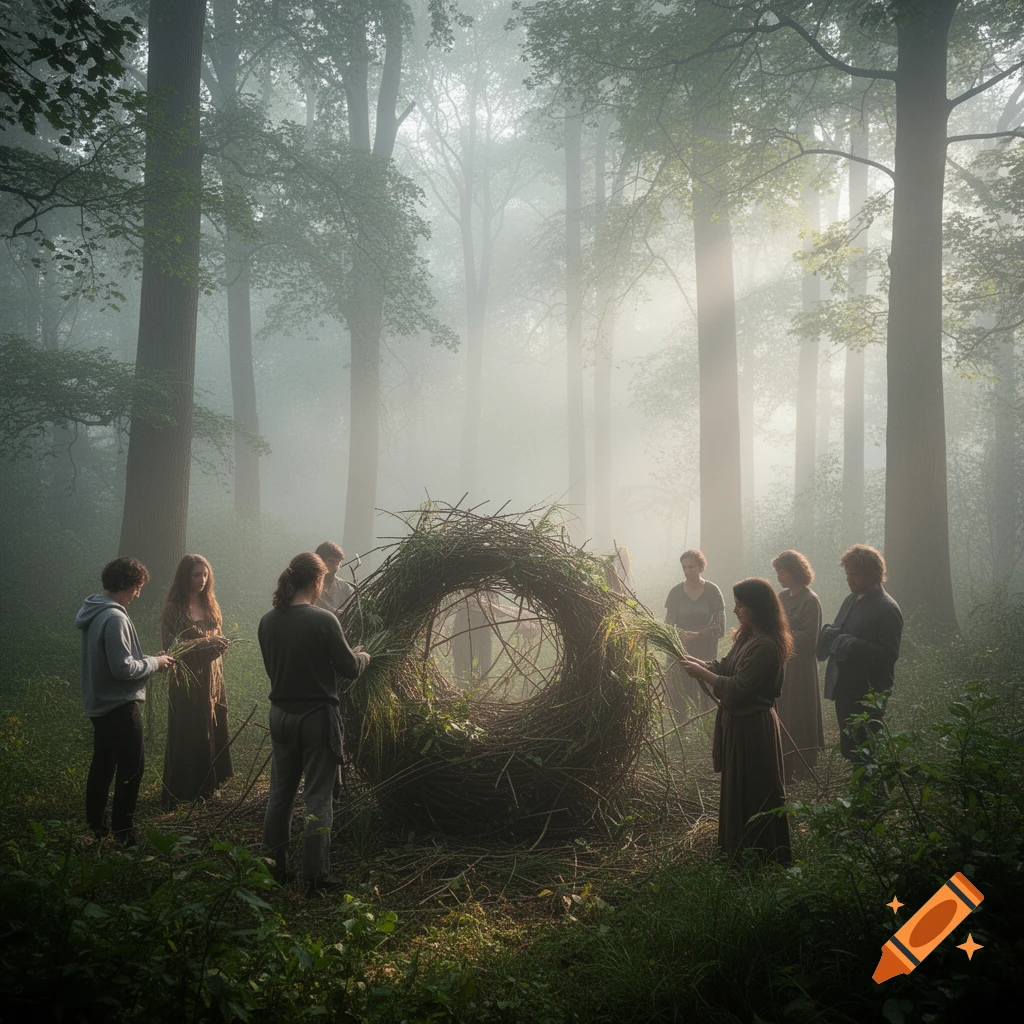 Group of people building a large nest-like structure from branches and foliage in a misty, sun-dappled forest.