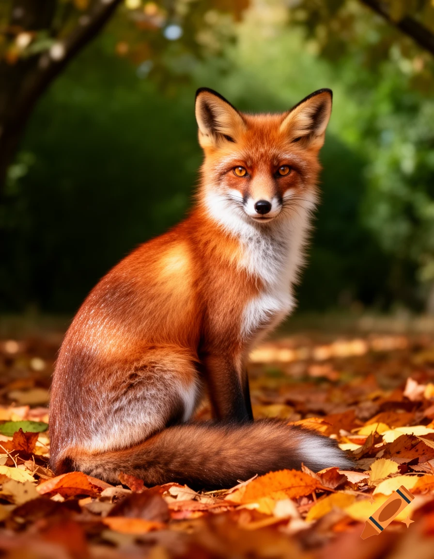 A photorealistic red fox sits among colorful autumn leaves in a forest, looking directly forward.