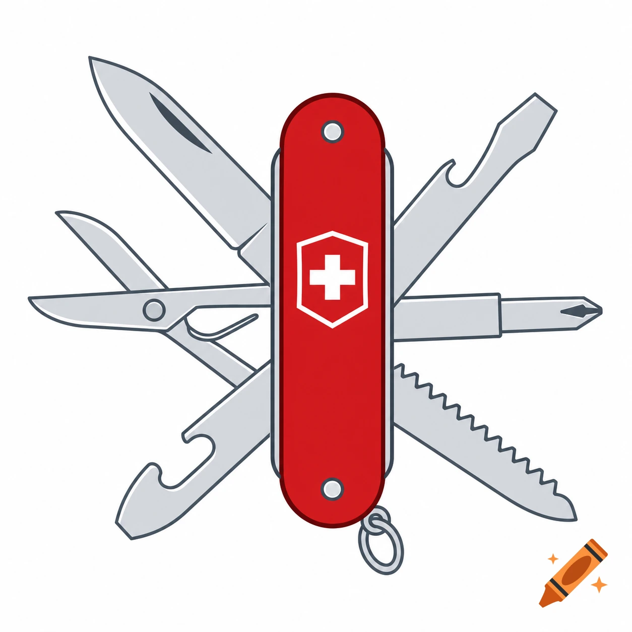 A red Swiss army knife with various silver tools, including a blade, scissors, screwdrivers, and a saw, extended around a red handle with a white cross symbol.