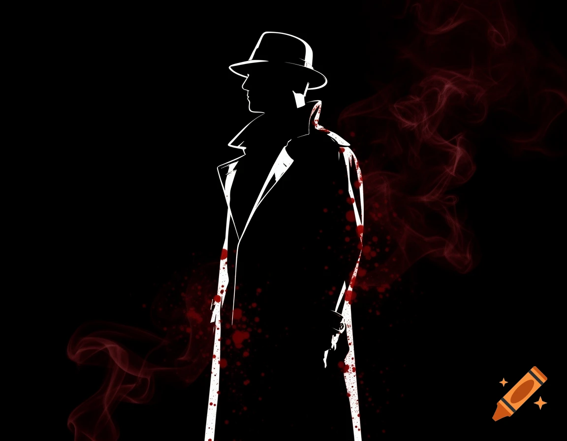 Stylized silhouette of a man in a fedora and trench coat with white edges, splattered with red blood, against a black background with red smoke.