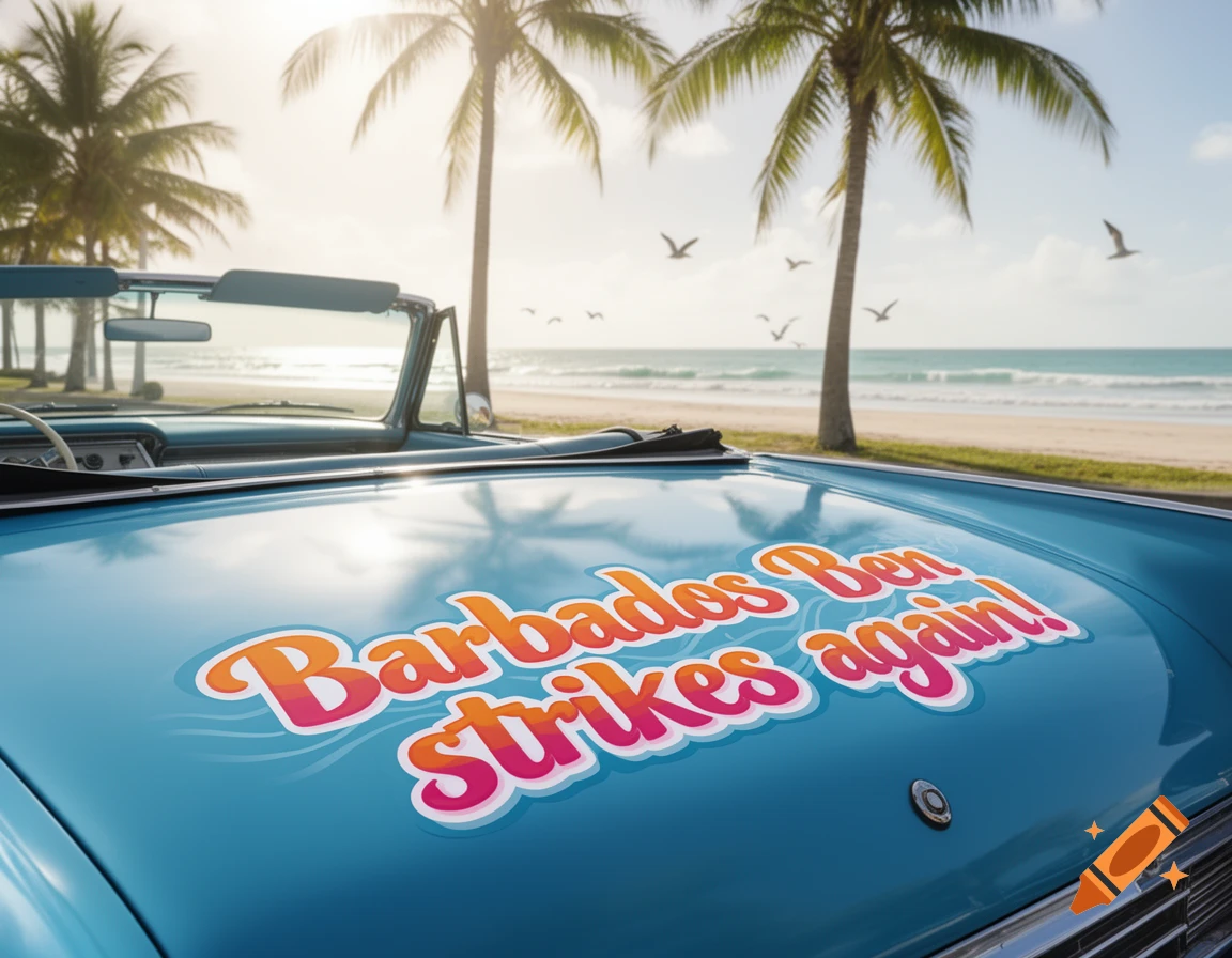 A blue convertible car with "Barbados Ben strikes again!" on its hood, parked at a sunny tropical beach with palm trees.